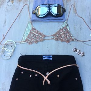 Burning man festival ready.I love layer pieces, this is Iggy silver bralette with Rose gold Scarlette. Jeans, Carrie bangle set and some star clips with the snake best. Love mixing the metals. Cut some holes in your beanie and add your googles.